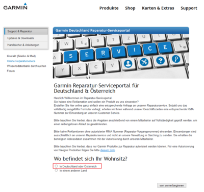 Garmin Support - Webseite 1