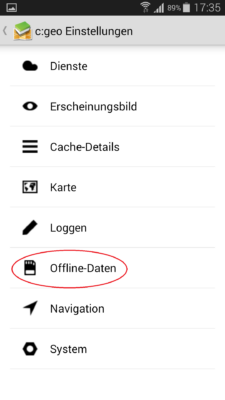 c:geo Hauptmenü - Offlinedaten
