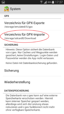 c:geo Verzeichnis für GPX-Importe