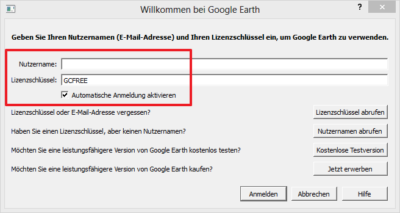 Google Earth Pro: Eingabe des Lizenzschlüssels