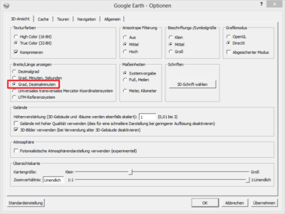 Google Earth Pro: das richtige Koordinatenformat einstellen.