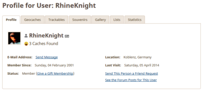 Ältester Geocache Deutschlands - Profil des Owners RhineKnight