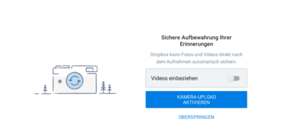 Dropbox für Geocacher: Screenshot Kamera Upload aktivieren