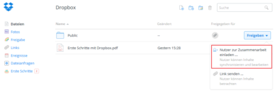 Dropbox für Geocacher: Screenshot Kontextmenü Freigeben