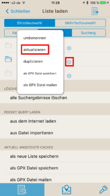 Offline-Geocaching mit Looking4Cache: Screenshot die Liste aktualisieren