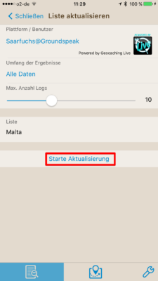 Offline-Geocaching mit Looking4Cache: Screenshot Aktualisierung starten