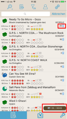 Offline-Geocaching mit Looking4Cache: Screenshot aktualisierte Liste