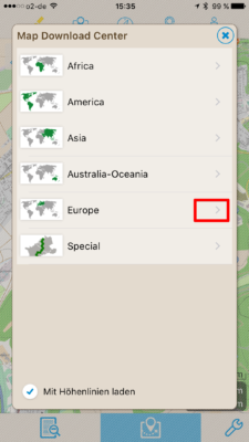 Offline-Geocaching mit Looking4Cache: Screenshot Europa auswählen