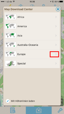 Offline-Geocaching mit Looking4Cache: Screenshot Europa auswählen