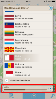 Offline-Geocaching mit Looking4Cache: Screenshot Malta auswählen