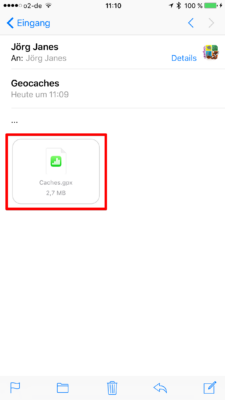 Offline-Geocaching mit Looking4Cache: Screenshot gpx-per Mail empfangen