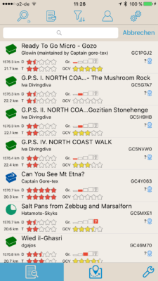 Offline-Geocaching mit Looking4Cache: Screenshot Listenansicht mit Menü