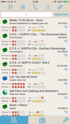 Offline-Geocaching mit Looking4Cache: Screenshot Listenansicht mit Menü