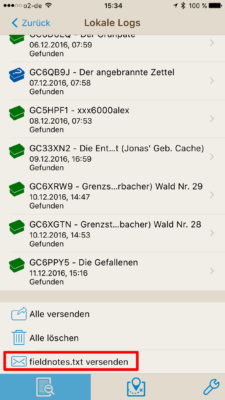 Offline-Geocaching mit Looking4Cache: Screenshot Fieldnotes versenden