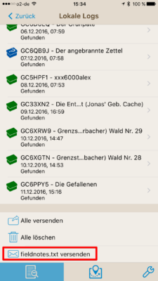 Offline-Geocaching mit Looking4Cache: Screenshot Fieldnotes versenden