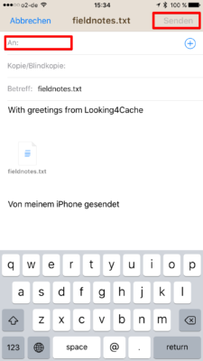 Offline-Geocaching mit Looking4Cache: Screenshot Fieldnotes per Mail versenden