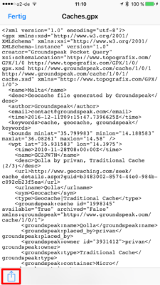 Offline-Geocaching mit Looking4Cache: Screenshot gpx exportieren