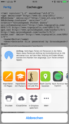 Offline-Geocaching mit Looking4Cache: Screenshot gpx exportieren nach L4C