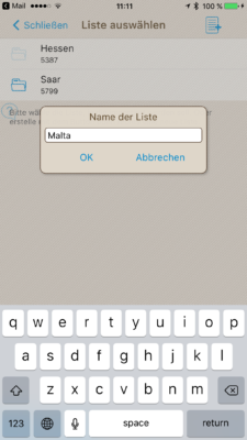 Offline-Geocaching mit Looking4Cache: Screenshot neue Liste benennen