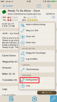 Offline-Geocaching mit Looking4Cache: Screenshot Konfiguration aufrufen