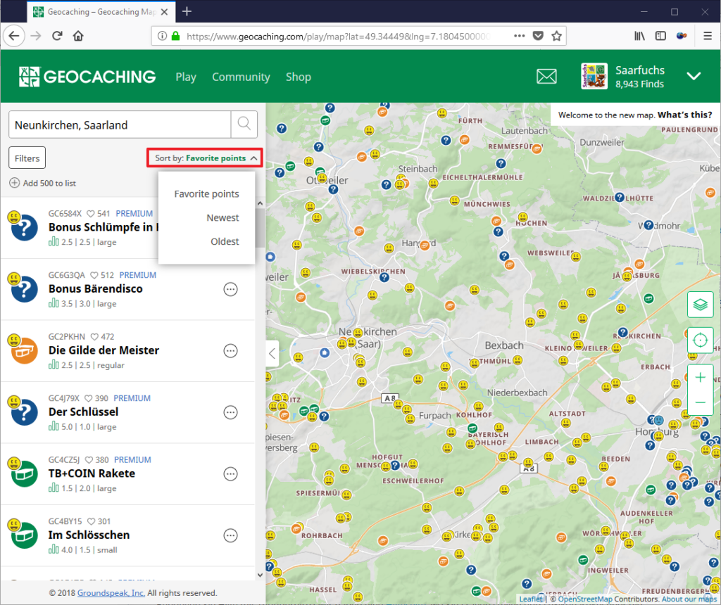 Die neue Karte bei der Suche auf geocaching.com » Saarfuchs on Tour!