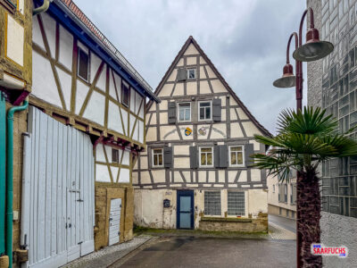 Historische Fachwerkh&auml;user mit Erkern in der Metzgergasse in Eppingen, im Vordergrund eine Palme im K&uuml;bel
