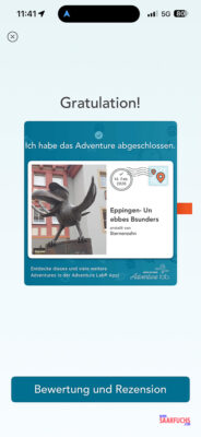 Screenshot der erfolgreich abgeschlossenen ersten Lab Adventure Runde in Eppingen auf dem Smartphone