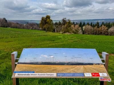 Informationstafel mit Panoramabeschreibung und Orientierungspunkten der umliegenden Landschaft