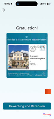 Screenshot der Geocaching Adventure Lab App mit der Best&auml;tigung f&uuml;r den Abschluss am Wetzlarer Platz