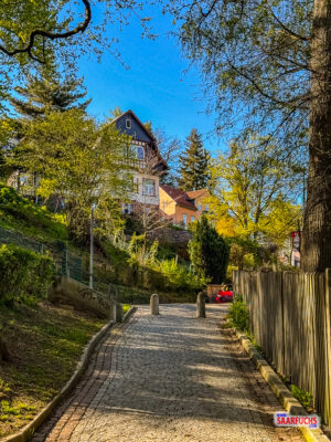 Blick bergauf in eine gepflasterte Stra&szlig;e am Stadtrand von Ilmenau