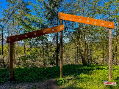 Eine Station eines Fitness-Parcours im Wald, die in die historische Geocaching-Erz&auml;hlung integriert ist