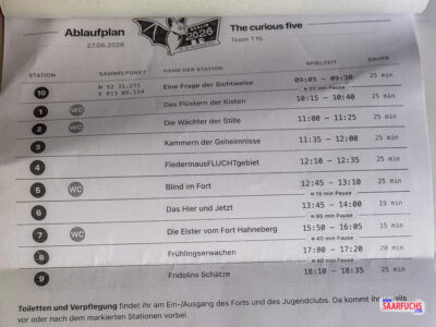 Nahaufnahme eines gedruckten Zeit- und Ablaufplans f&uuml;r ein Geocaching-Team