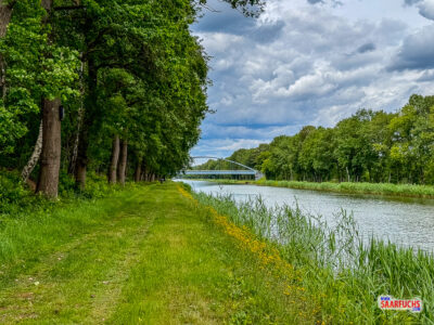 Blick auf den Dortmund-Ems-Kanal mit einem Uferweg unter leicht bewölktem Himmel