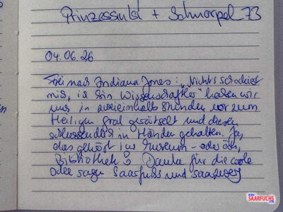 Unser Logbucheintrag beim Mystery-Caches Die Abenteuer des Dr. Jones nach dem erfolgreichen Lösen der Rätsel