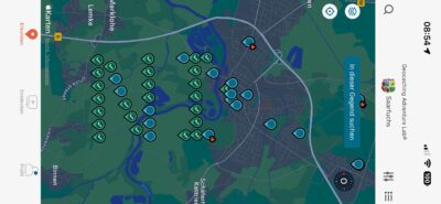 Screenshot der Labcache-App mit der aus zahlreichen Icons geformten GeoArt NI im Stadtgebiet von Nienburg an der Weser