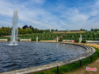 Blick vom großen Fontänenbeckens hinauf zum Schloss Sanssouci