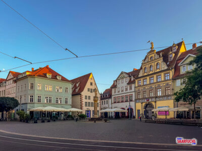 Historische Häuserzeile mit kunstvollen Renaissance-Fassaden am Fischmarkt in Erfurt