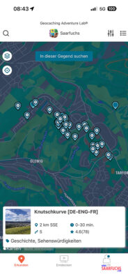 In-App-Karte auf dem Smartphone mit zahlreichen neuen Labcache-Pins auf dem Trierer Petrisberg
