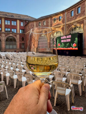 Open-Air-Kino im Innenhof des Rheinischen Landesmuseums Trier mit Besuchern bei einem Glas Wein