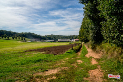 Wanderweg verl&auml;uft im weiten Tal unmittelbar vorbei an einem gro&szlig;en landwirtschaftlichen Anwesen