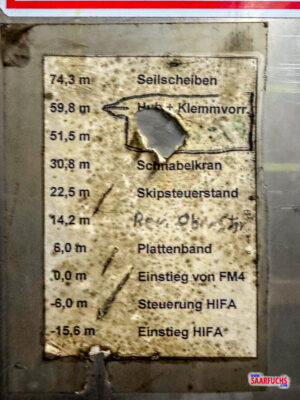 Aufkleber mit Ausstiegsmöglichkeiten im Fahrstuhl