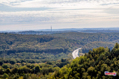 Blick zur Ursapharm-Arena vom Fördergerüst von Schacht 4 der Grube Göttelborn