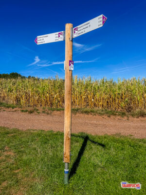 Holzwegweiser an einer Weggabelung der Traumschleife mit Richtungs- und Kilometerangaben