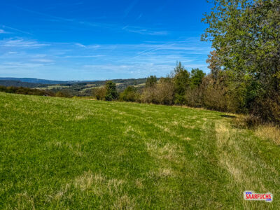 Wanderweg verläuft entlang einer grünen Wiese mit freier Sicht auf die Region