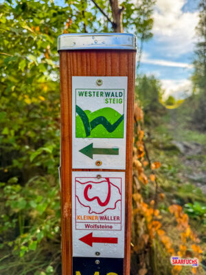 Wegmarkierung des Westerwaldsteigs und des kleinen Wällers Wolfsteine.