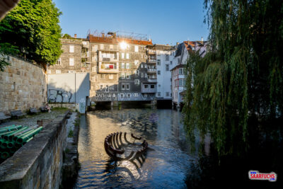 Idyllischer Blick auf den Rossneckar und historische Gebäude in Esslingen