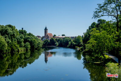 Blick über die Landschaft auf die charakteristische Silhouette der Stadt Nürtingen
