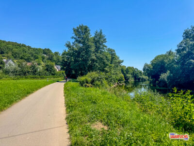 Ein asphaltierter, gut ausgebauter Radweg führt direkt am Ufer des Neckars entlang